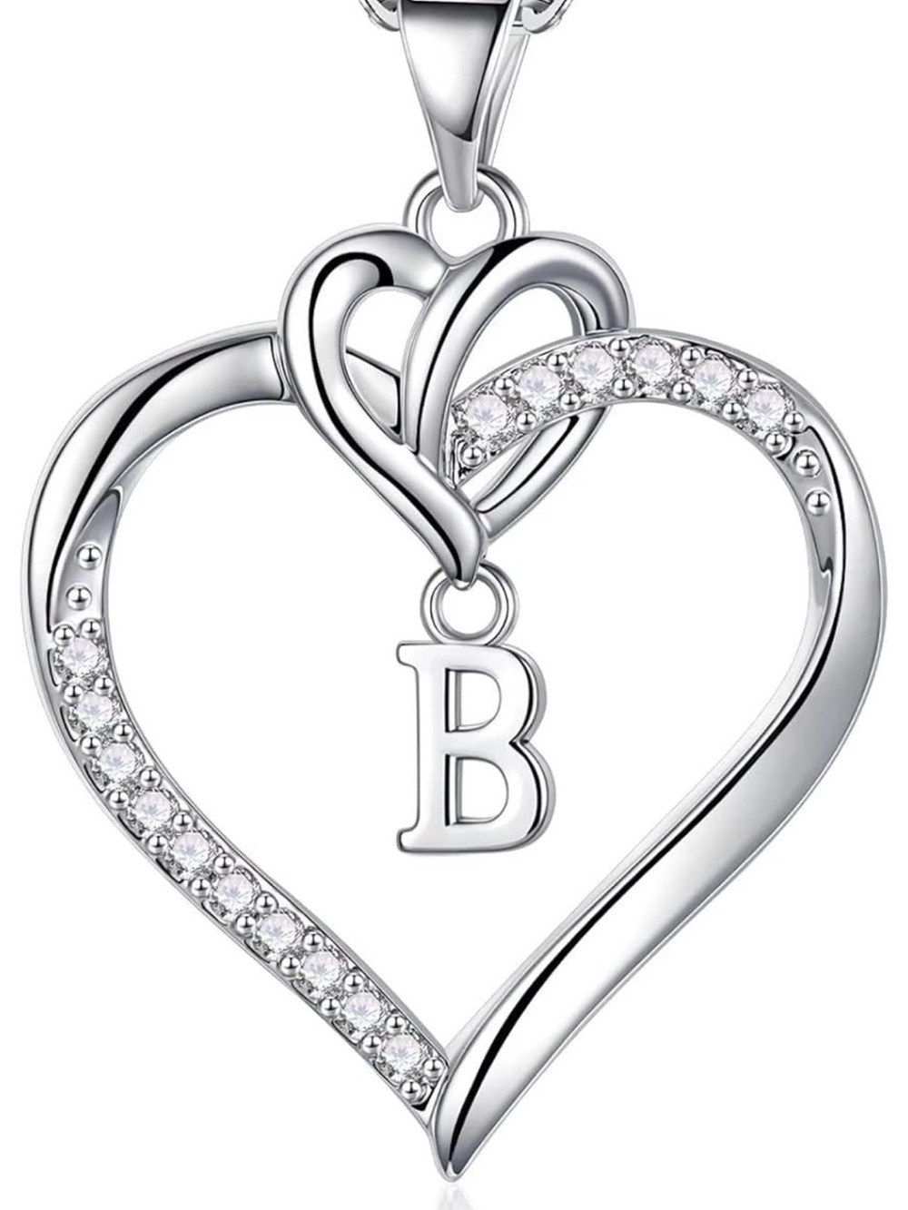 Amazon Silver Heart Pendant Necklace with 'B' Initial and Clear Stones